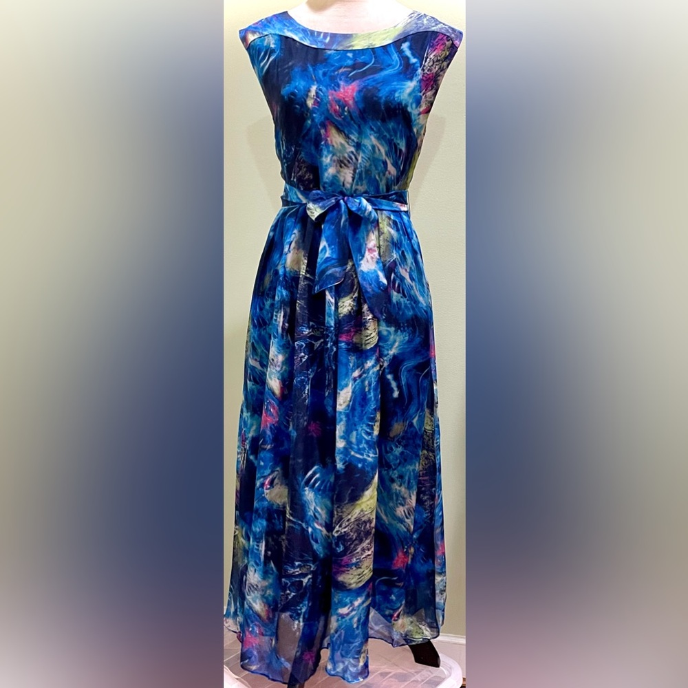NWOT Monet Blue Pink Printed Maxi Dress Sleeveless – Elegant Flowy "Capri Dawn"